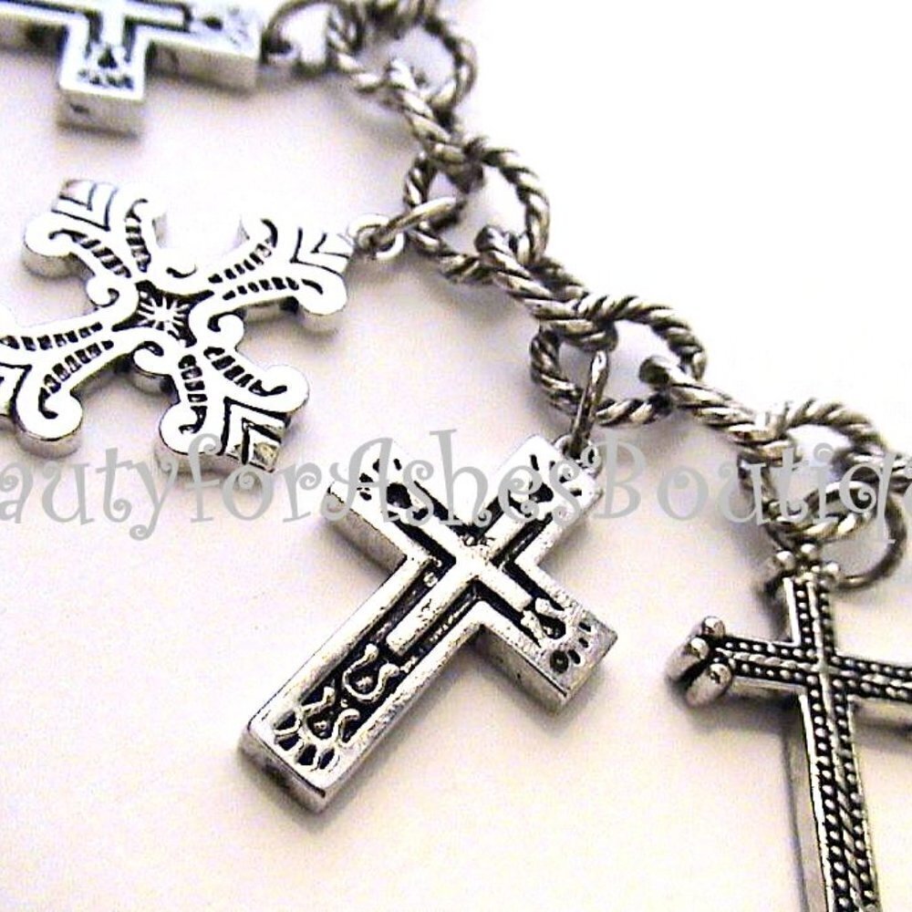 BFA Womens Girls Multi Ornate 11 Cross Charms Link Silver Heart Love Bracelet - Picture 7 of 13